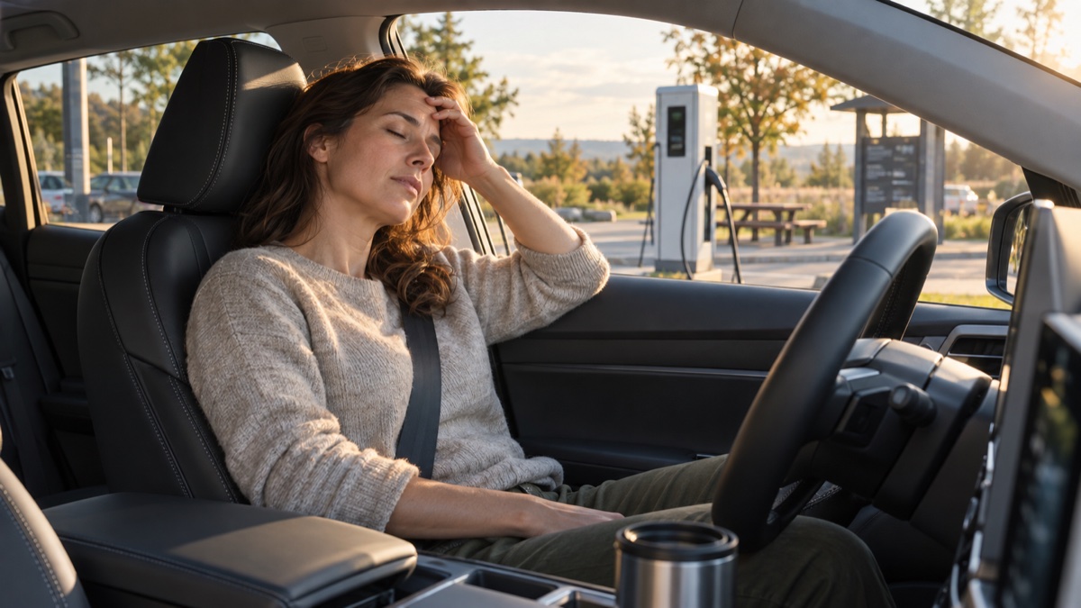 Electrosmog in electric cars: Tired woman driving a modern electric car